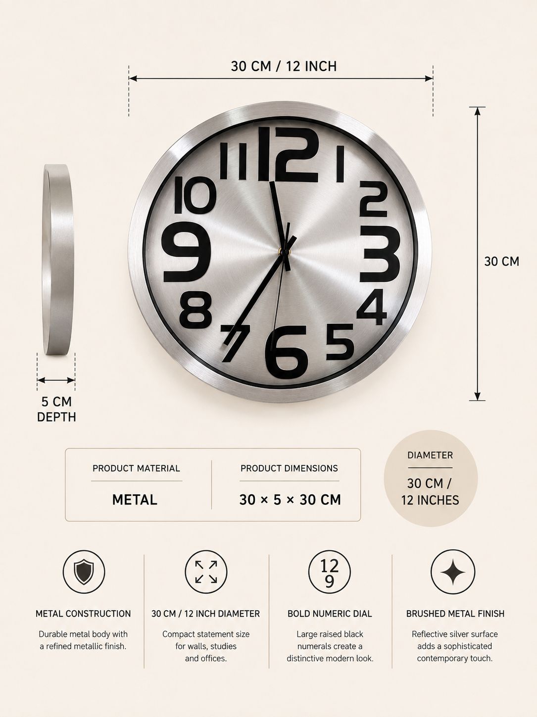 Premium 3-6-9-12 Vastu Wall Clock – 12 Inch Metal Wall Clock