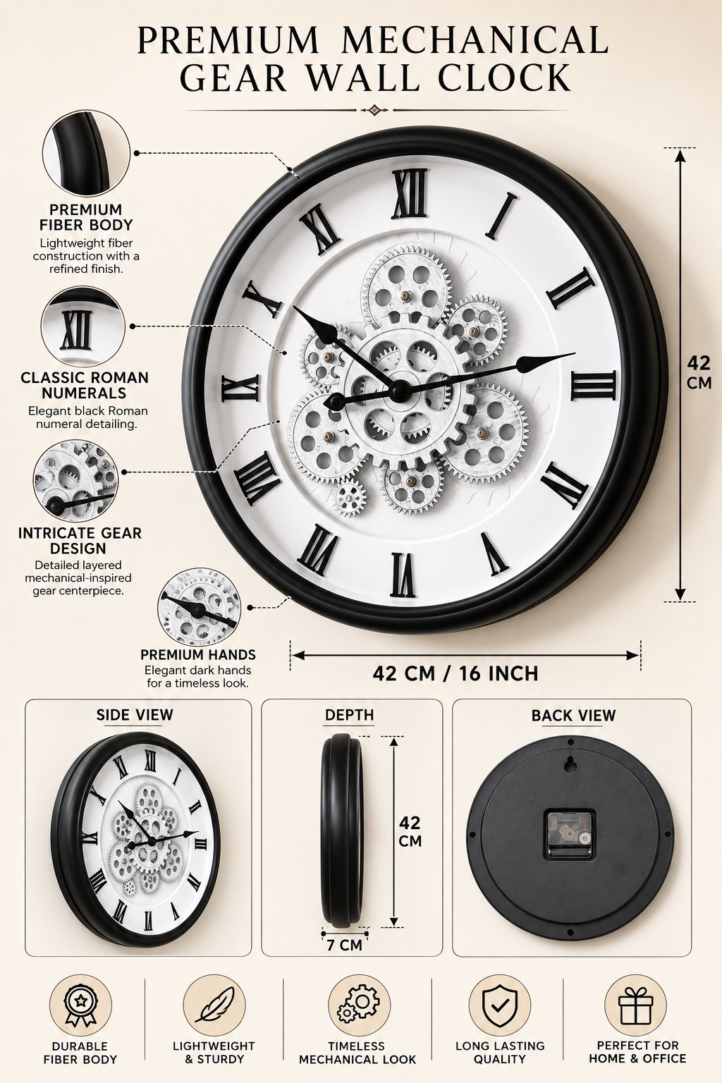 Premium Mechanical Gear Wall Clock – 16 Inch Working Gear Decorative Wall Clock