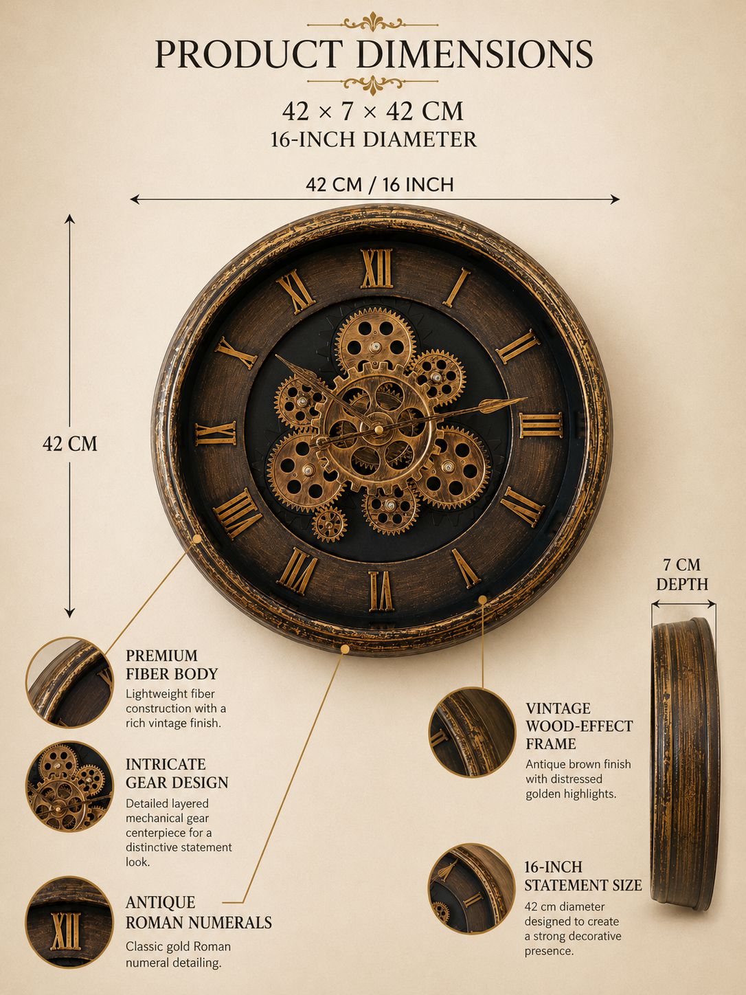 Premium Mechanical Gear Wall Clock – 16 Inch Working Gear Decorative Wall Clock