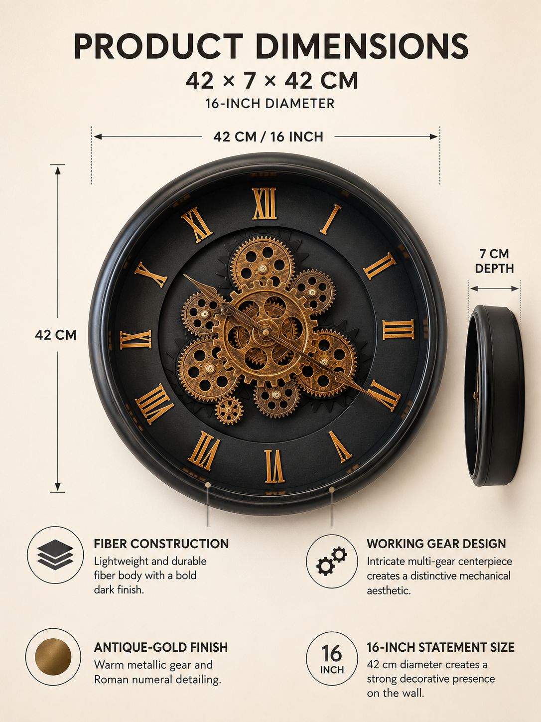 Premium Mechanical Gear Wall Clock – 16 Inch Working Gear Decorative Wall Clock