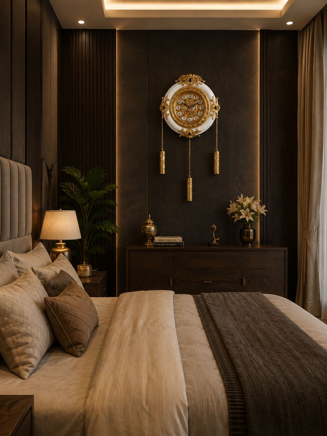 A luxury bedroom interior featuring a bed with beige and brown linens, a dark wood nightstand, a wall-mounted ornate gold and white clock, and warm ambient lighting.