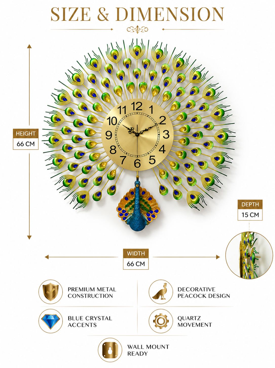 Majestic Peacock Metal Wall Clock with Ceramic Peacock Body & Crystal Accents – Luxury Decorative Wall Clock (66 x 66 cm)