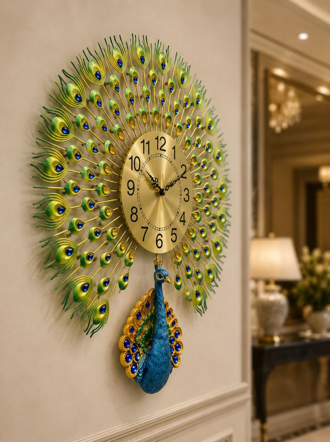 Majestic Peacock Metal Wall Clock with Ceramic Peacock Body & Crystal Accents – Luxury Decorative Wall Clock (66 x 66 cm)