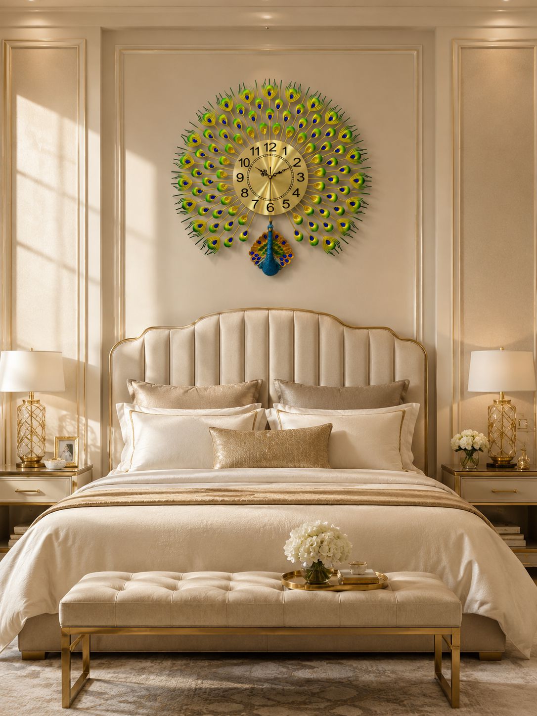 Majestic Peacock Metal Wall Clock with Ceramic Peacock Body & Crystal Accents – Luxury Decorative Wall Clock (66 x 66 cm)