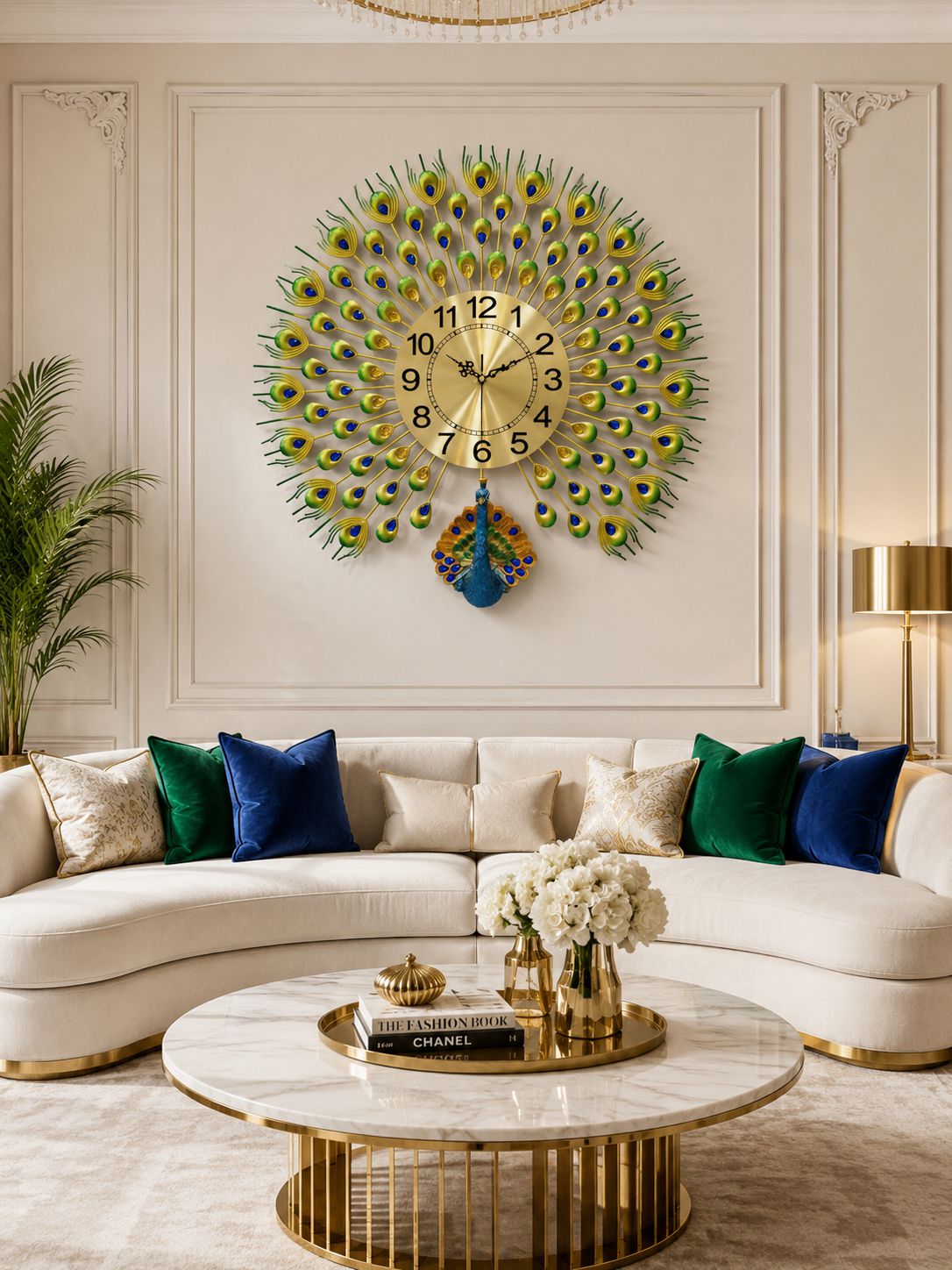 Majestic Peacock Metal Wall Clock with Ceramic Peacock Body & Crystal Accents – Luxury Decorative Wall Clock (66 x 66 cm)