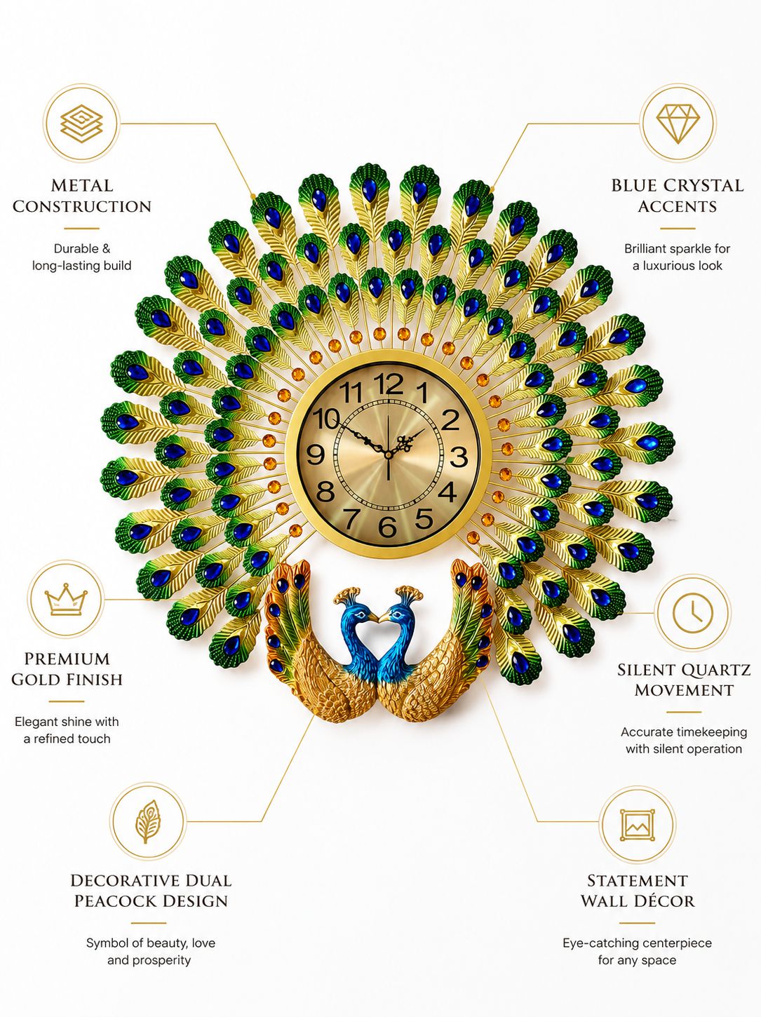 Royal Dual Peacock Metal Wall Clock with Ceramic Peacock Sculpture – Luxury Crystal Decorative Wall Clock for Living Room (70 x 65 cm)