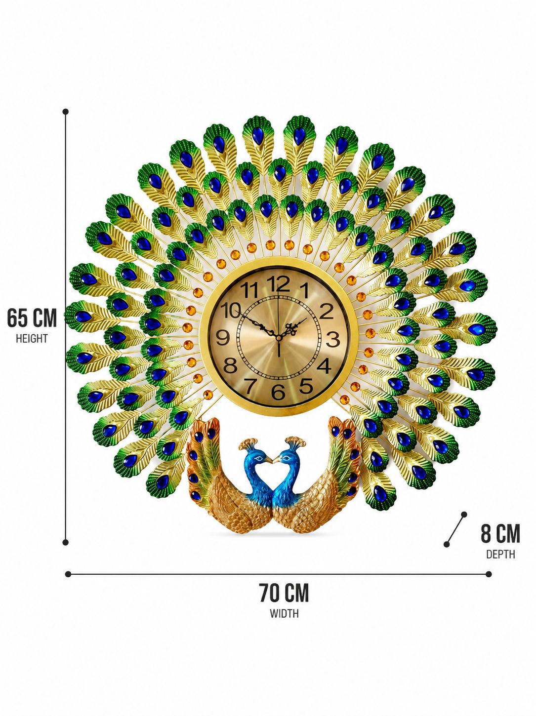 Royal Dual Peacock Metal Wall Clock with Ceramic Peacock Sculpture – Luxury Crystal Decorative Wall Clock for Living Room (70 x 65 cm)