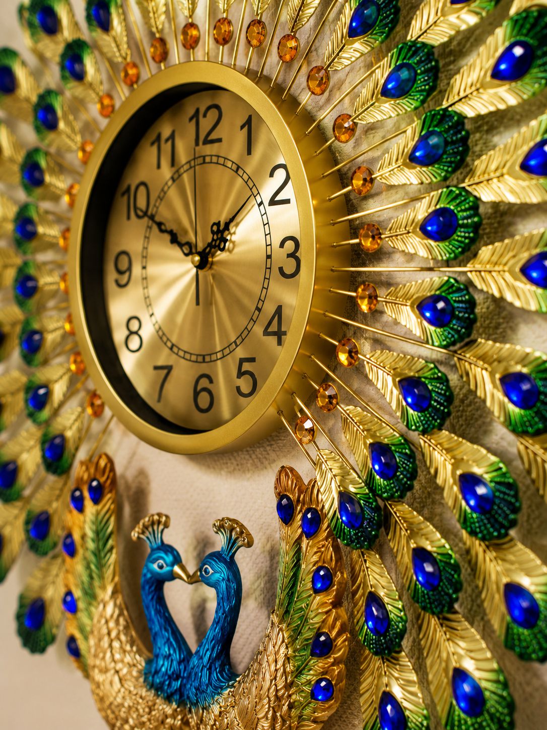 Royal Dual Peacock Metal Wall Clock with Ceramic Peacock Sculpture – Luxury Crystal Decorative Wall Clock for Living Room (70 x 65 cm)