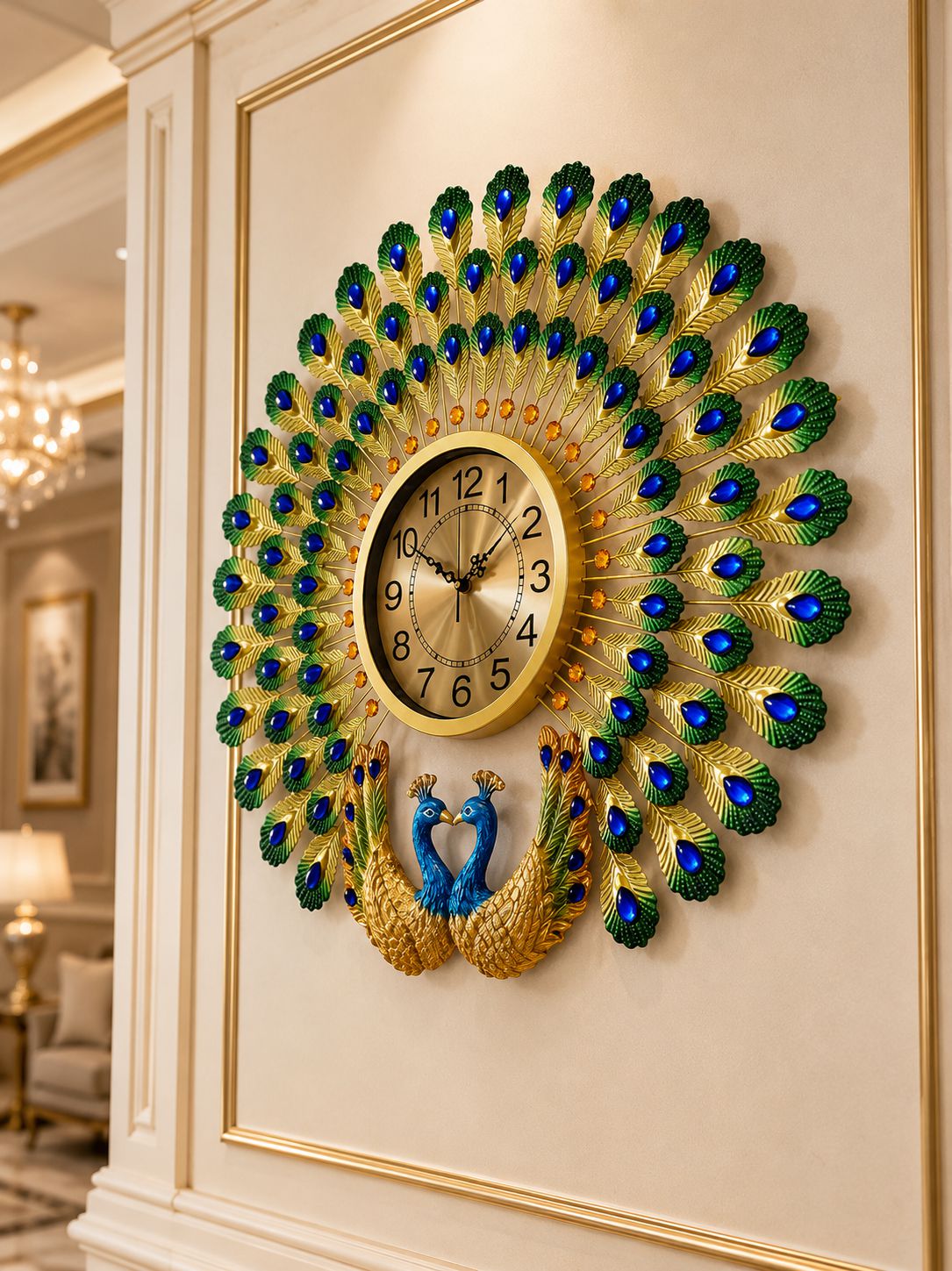 Royal Dual Peacock Metal Wall Clock with Ceramic Peacock Sculpture – Luxury Crystal Decorative Wall Clock for Living Room (70 x 65 cm)