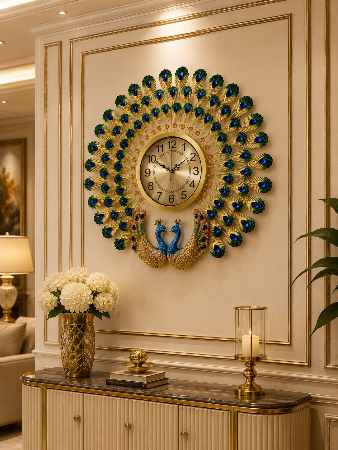 Royal Dual Peacock Metal Wall Clock with Ceramic Peacock Sculpture – Luxury Crystal Decorative Wall Clock for Living Room (70 x 65 cm)