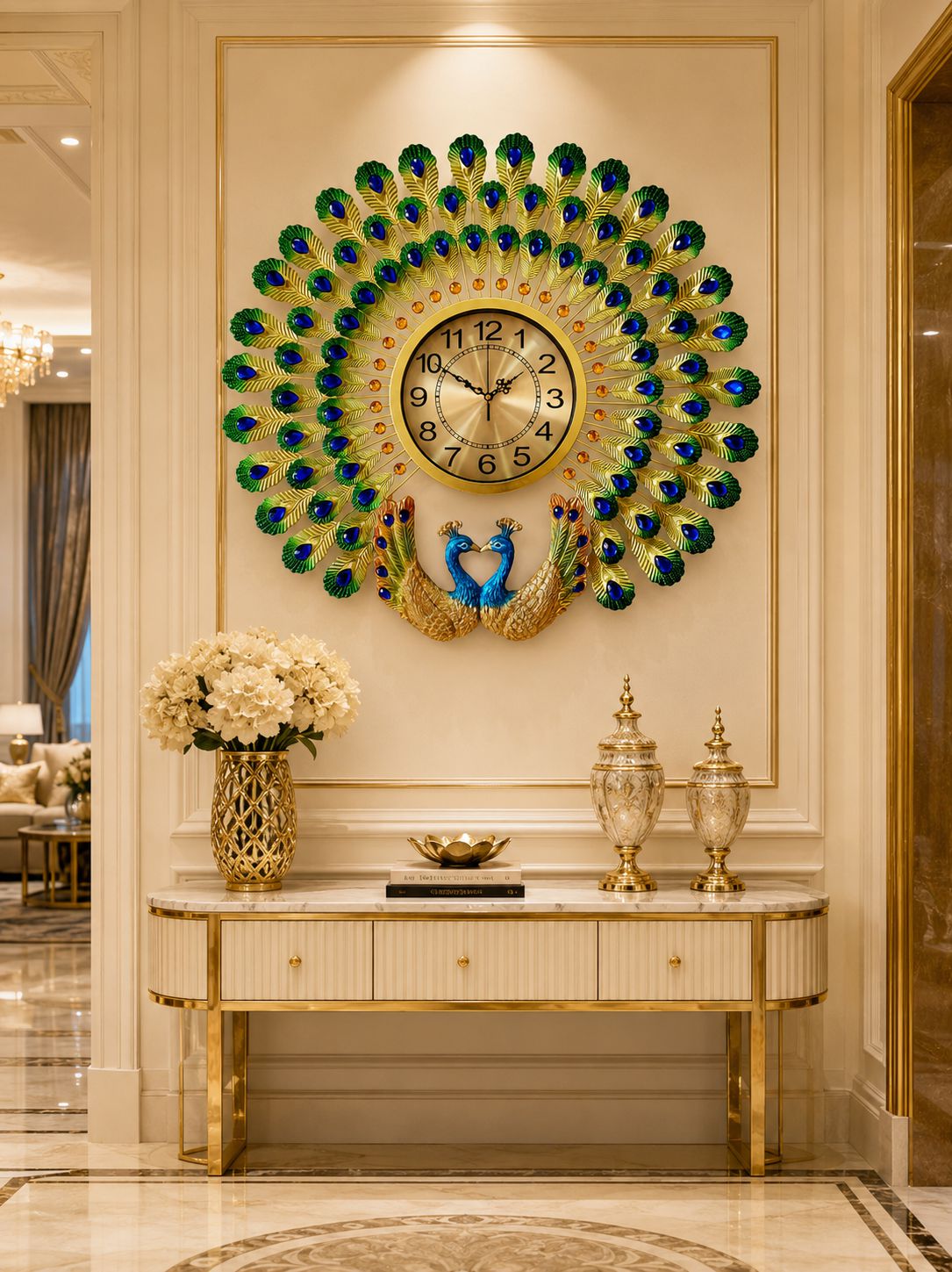 Royal Dual Peacock Metal Wall Clock with Ceramic Peacock Sculpture – Luxury Crystal Decorative Wall Clock for Living Room (70 x 65 cm)