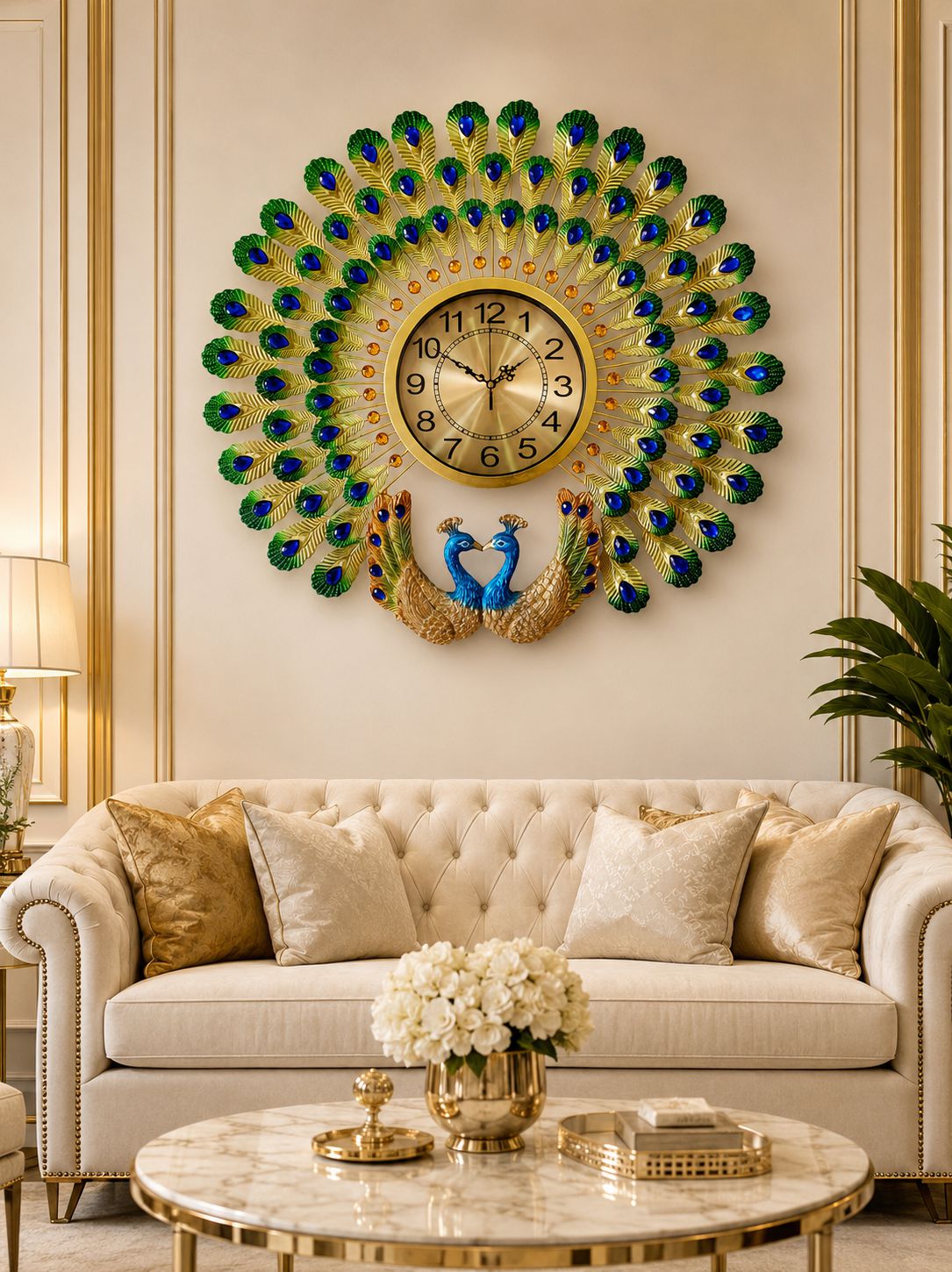 Royal Dual Peacock Metal Wall Clock with Ceramic Peacock Sculpture – Luxury Crystal Decorative Wall Clock for Living Room (70 x 65 cm)