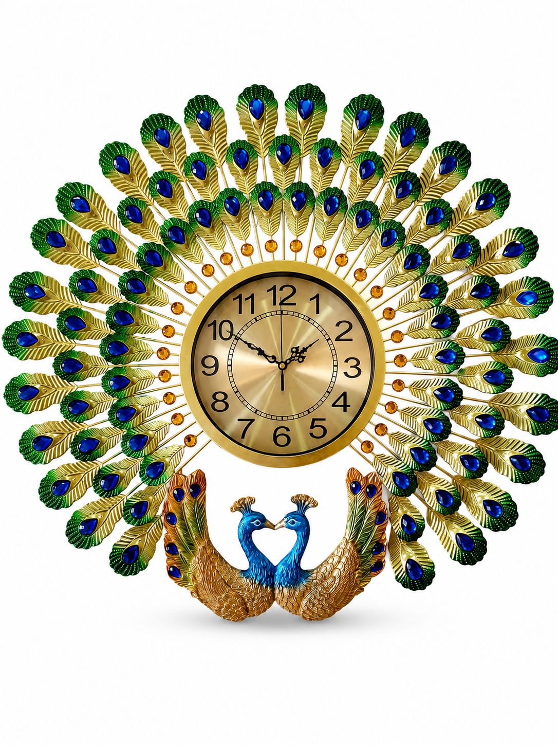 Royal Dual Peacock Metal Wall Clock with Ceramic Peacock Sculpture – Luxury Crystal Decorative Wall Clock for Living Room (70 x 65 cm)