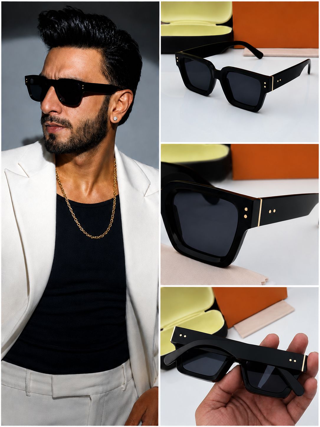 Ranveer Singh-Inspired Oversized Black Square Sunglasses | Luxury Thick Frame UV400 Shades