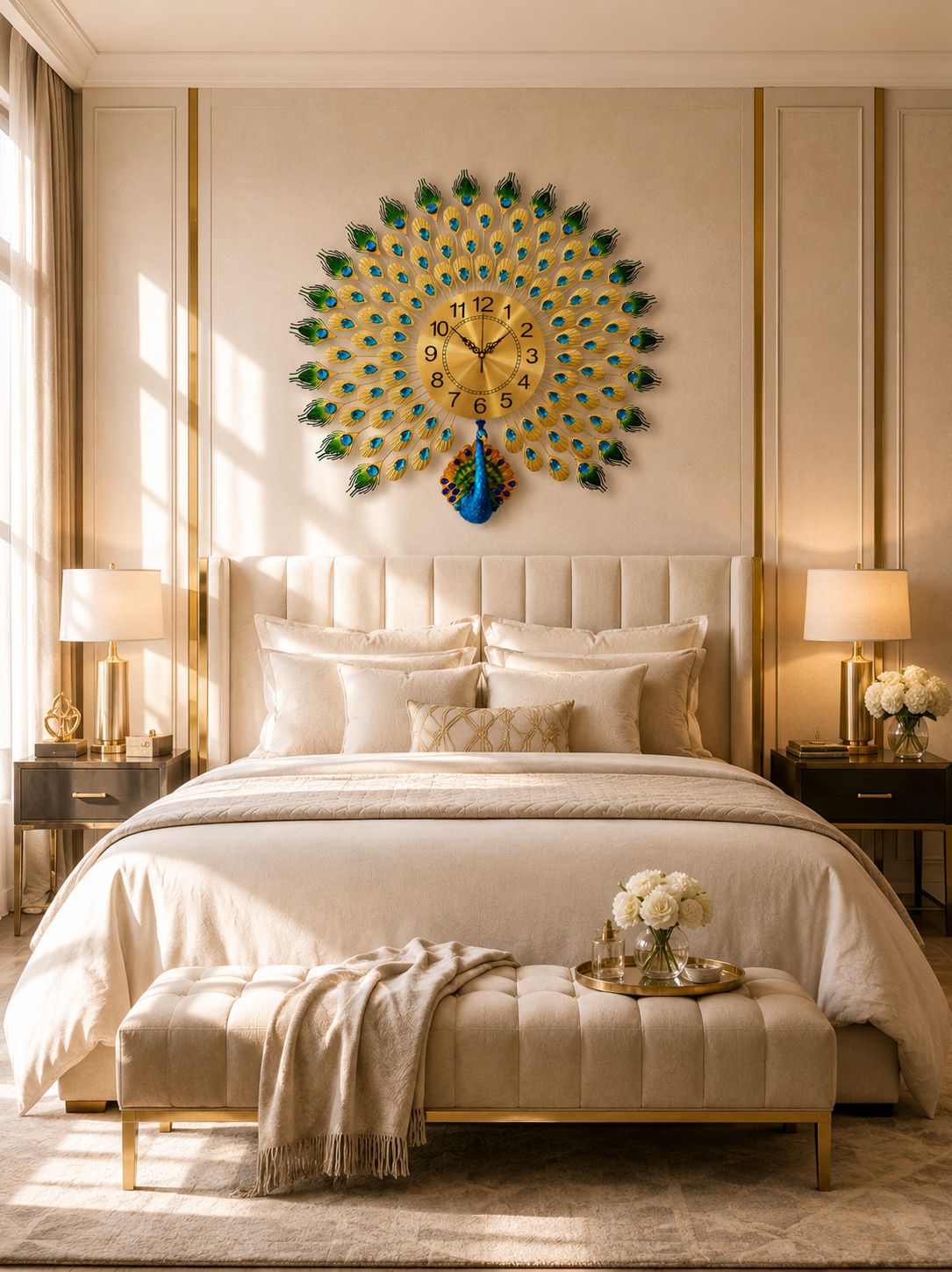 Royal Peacock Metal Wall Clock with Ceramic Peacock – Luxury Decorative Wall Clock for Living Room, Bedroom & Hall (72 x 60 cm)