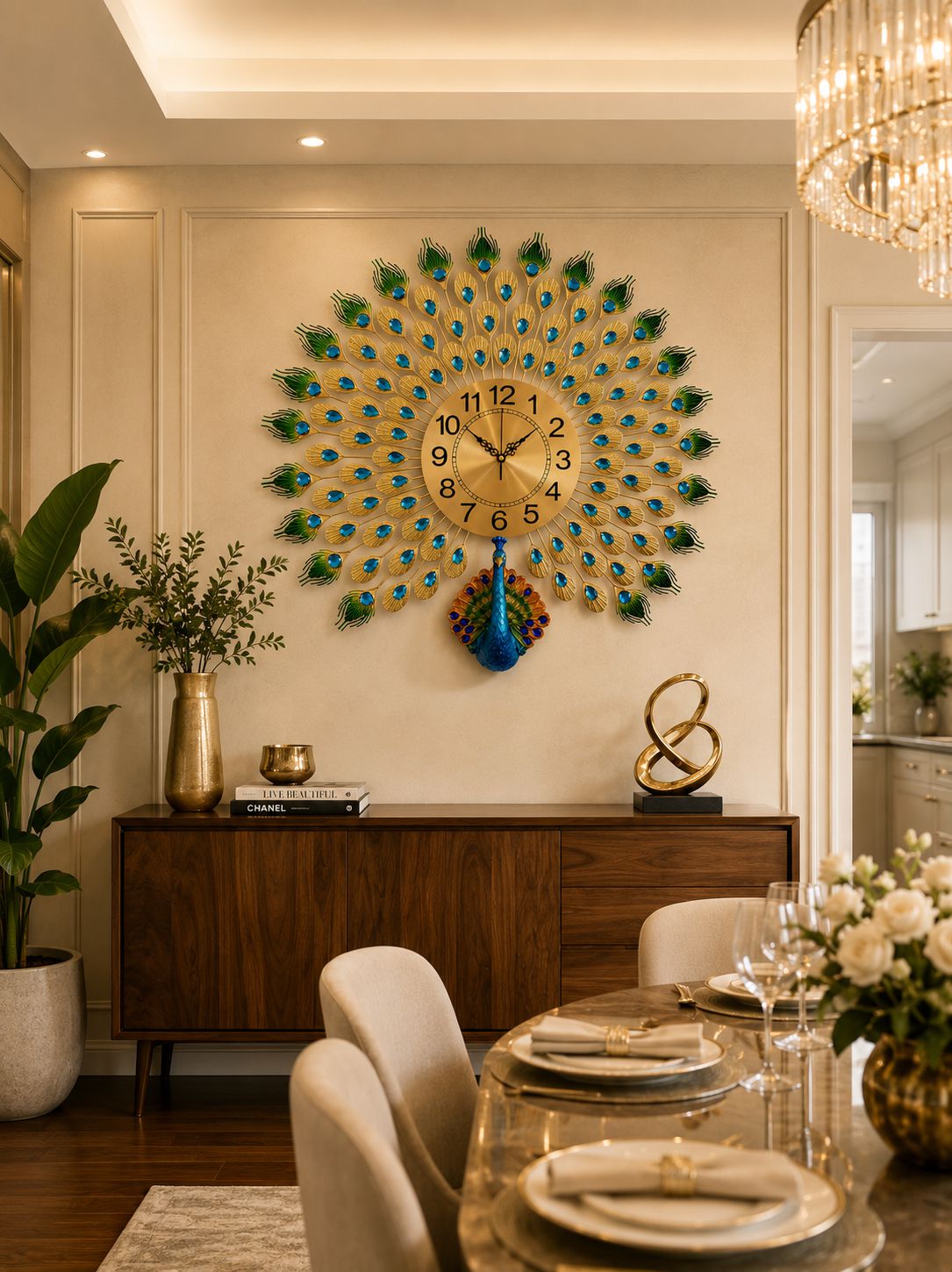 Royal Peacock Metal Wall Clock with Ceramic Peacock – Luxury Decorative Wall Clock for Living Room, Bedroom & Hall (72 x 60 cm)
