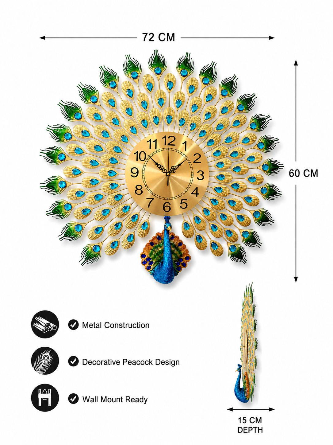 Royal Peacock Metal Wall Clock with Ceramic Peacock – Luxury Decorative Wall Clock for Living Room, Bedroom & Hall (72 x 60 cm)