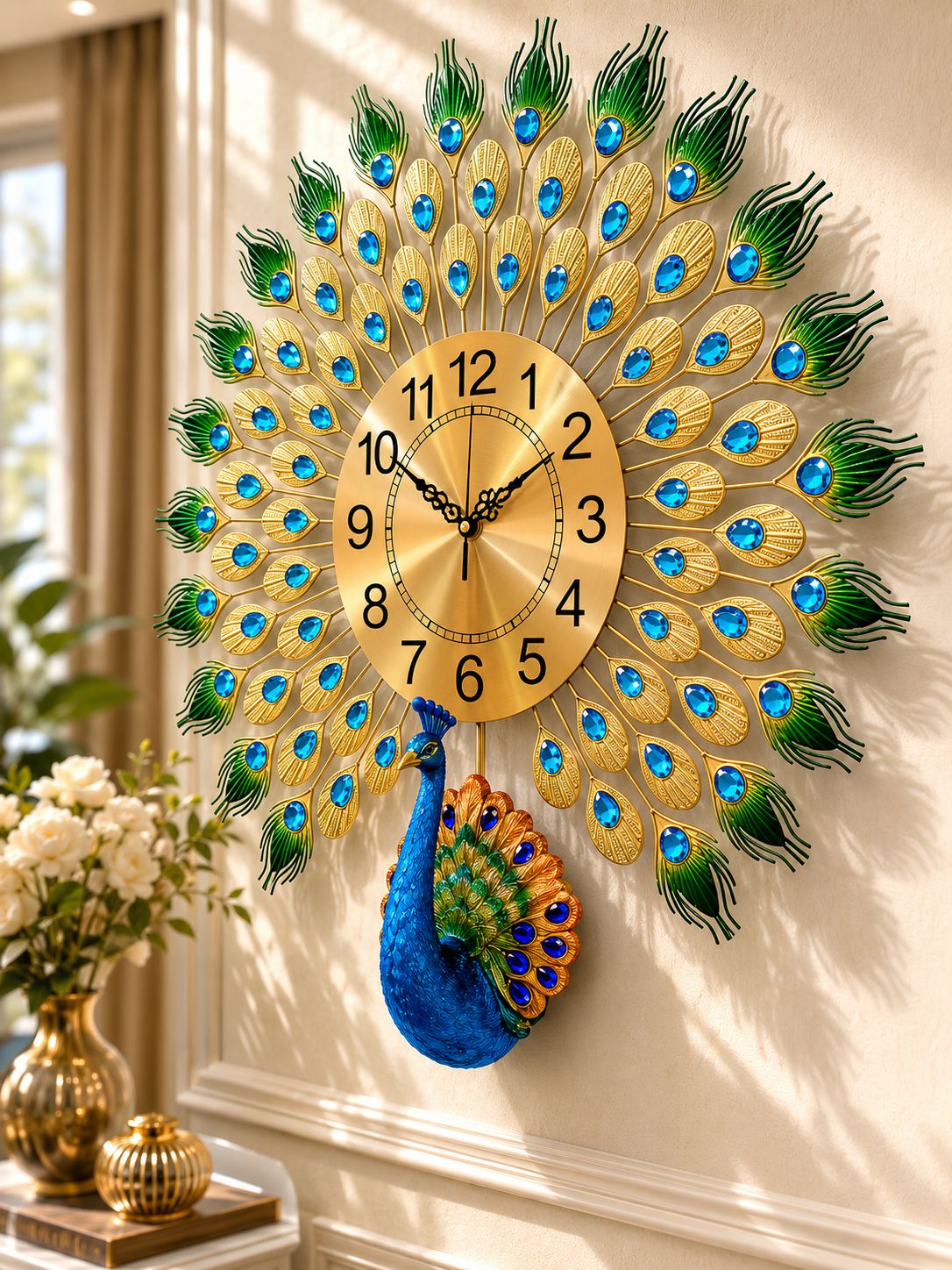 Royal Peacock Metal Wall Clock with Ceramic Peacock – Luxury Decorative Wall Clock for Living Room, Bedroom & Hall (72 x 60 cm)