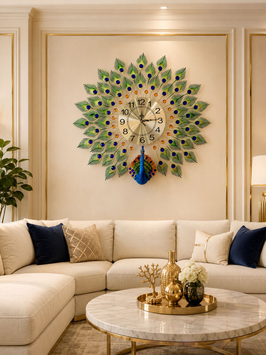 Royal Peacock Metal & Ceramic Wall Clock – Luxury Handmade Decorative Wall Clock with Crystal Feather Design (72 x 65 cm)
