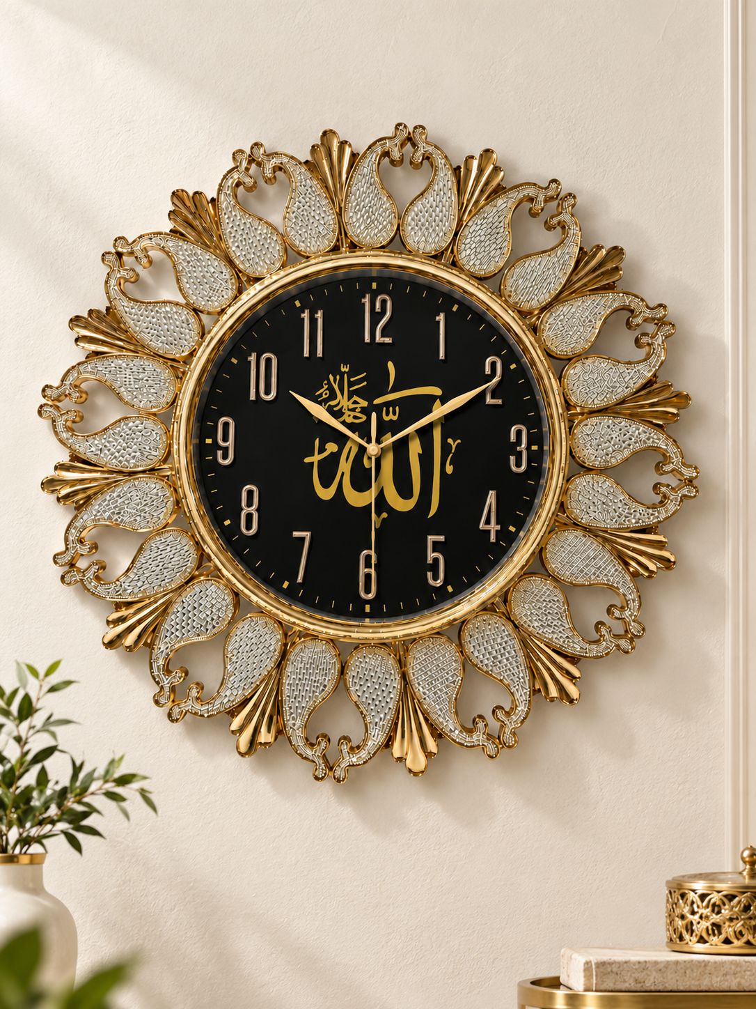 Luxury Islamic Wall Clock 16x16 Inch | Arabic Calligraphy | Silent Quartz | Black & White Dial