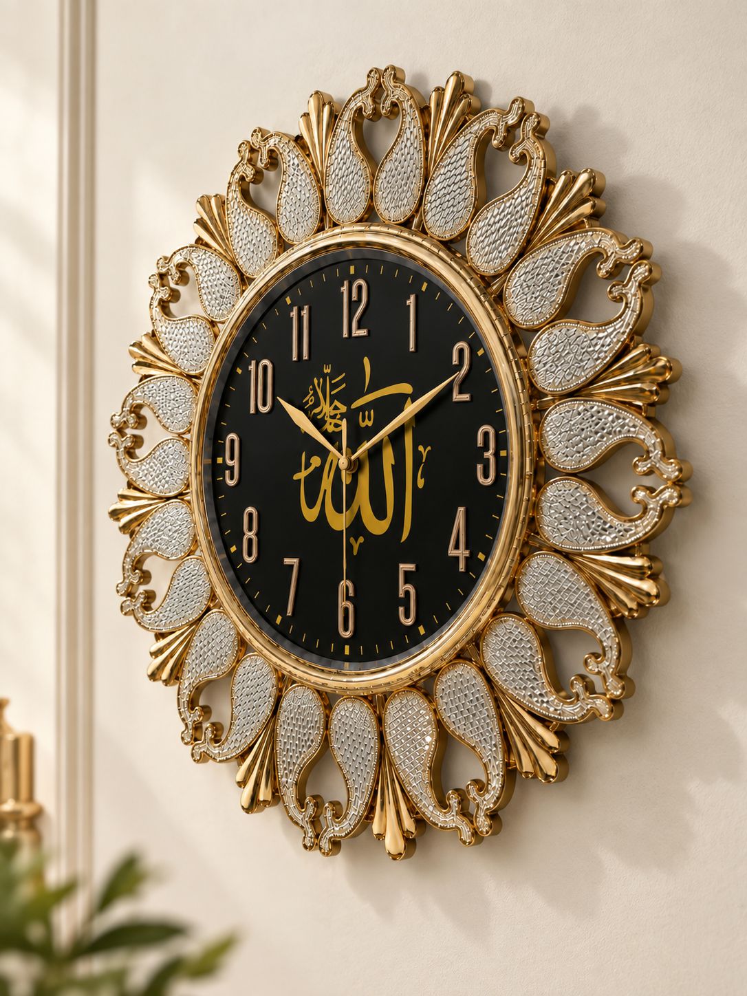 Luxury Islamic Wall Clock 16x16 Inch | Arabic Calligraphy | Silent Quartz | Black & White Dial