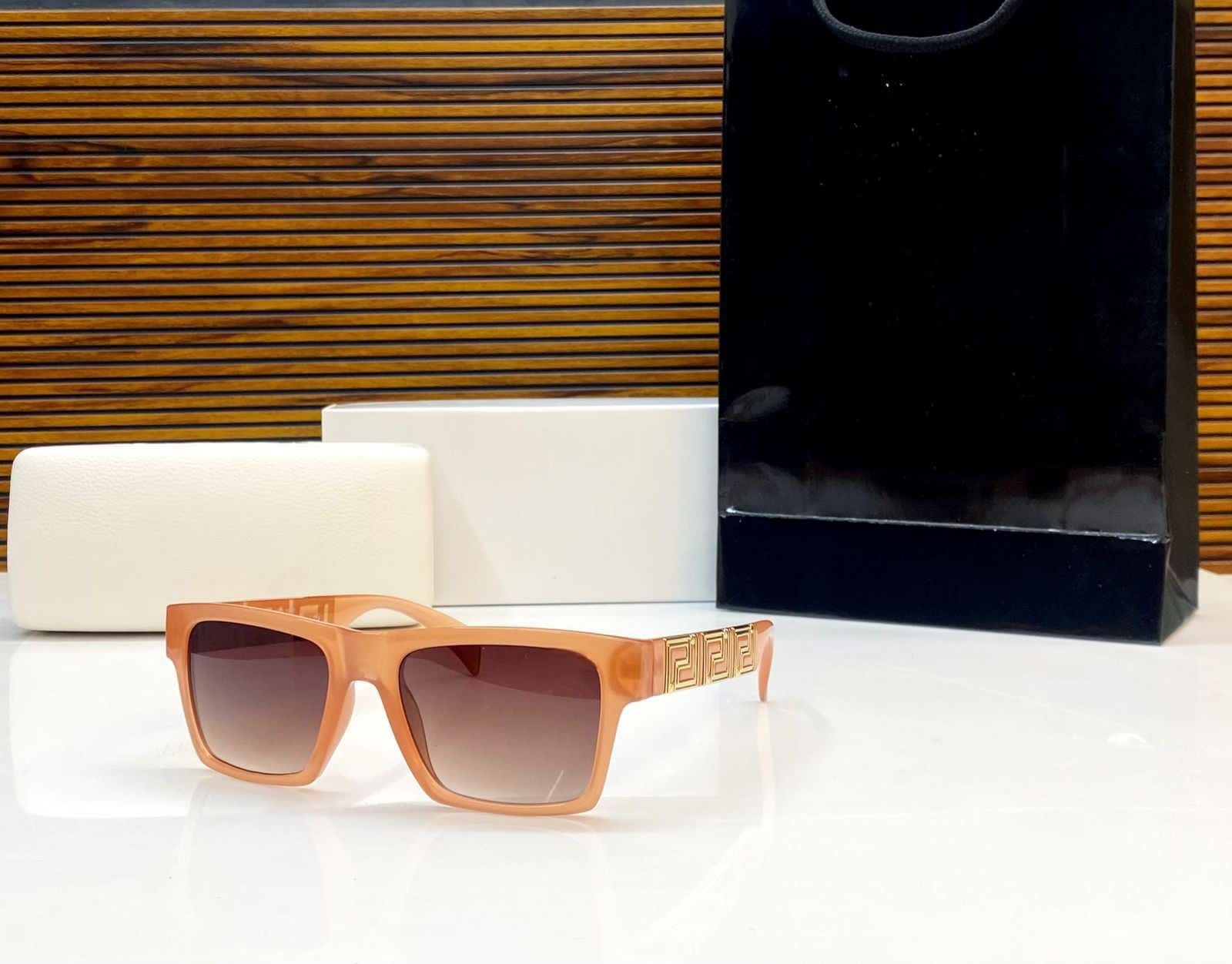 Chic Nude Peach Square Sunglasses with Gold Greek Key Detail and Brown Gradient Lens