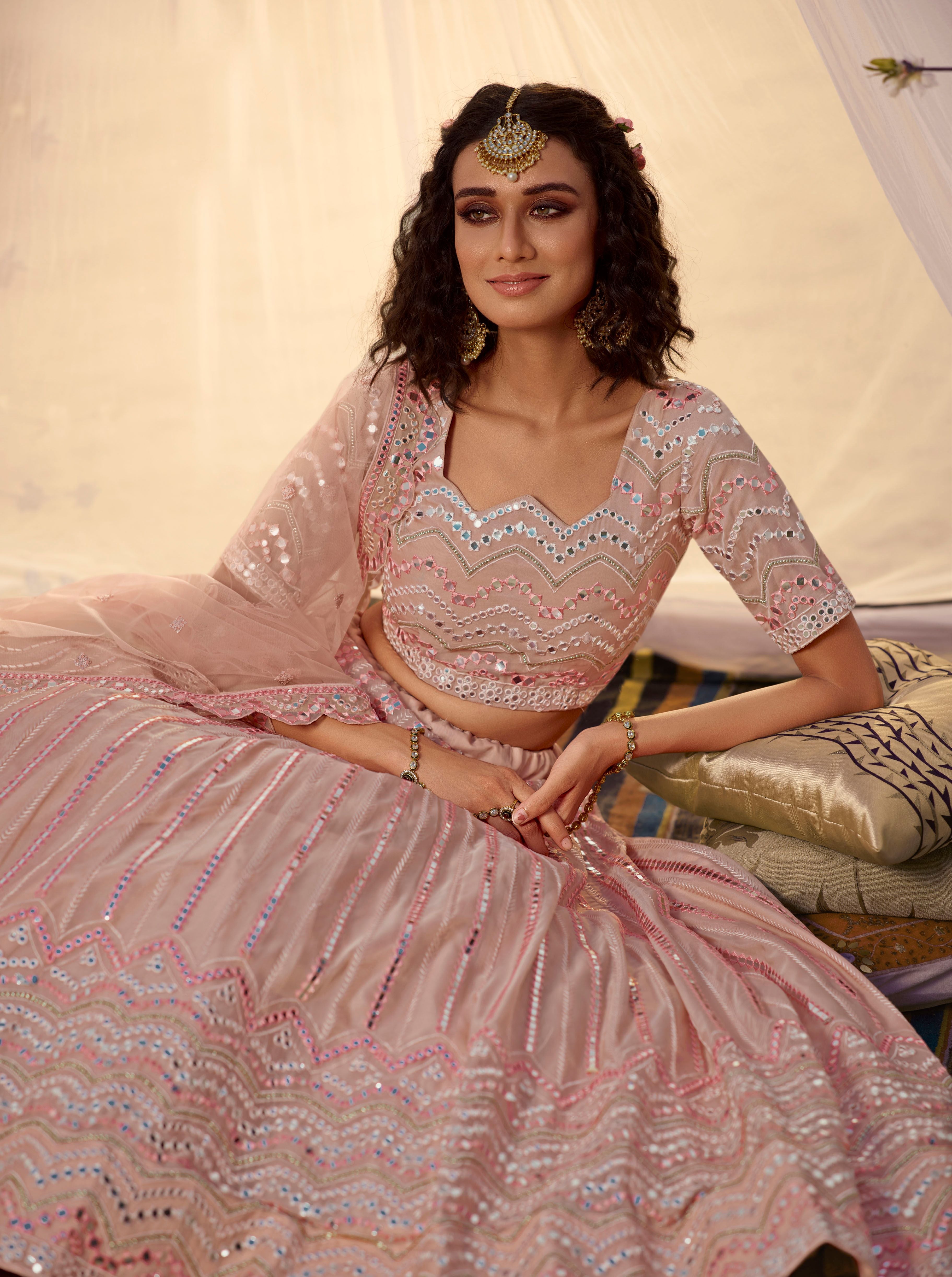 Pink Color Mirror Work Heavy Embroidered Organza Semi-Stitched Lehenga Choli - FunkyTradition