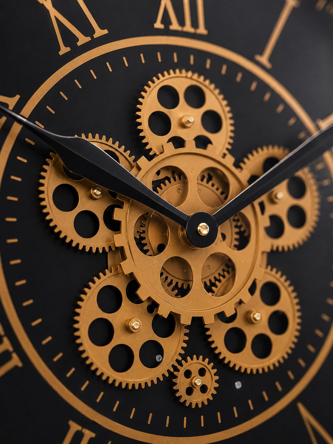 Close-Up of Decorative Moving Gear Mechanism and Roman Numerals
