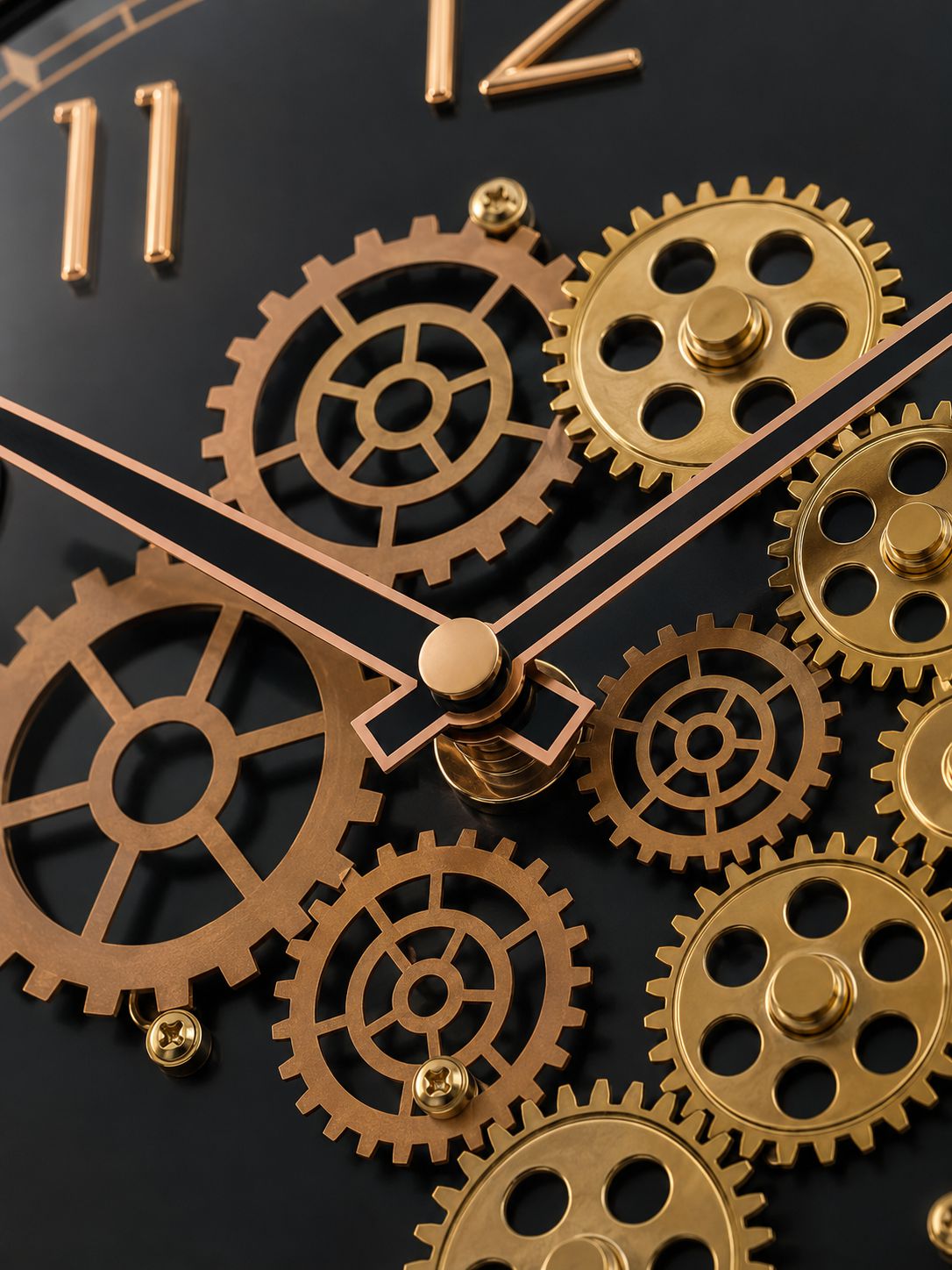Close-Up of Premium Decorative Moving Gears and Rose Gold Clock Hands
