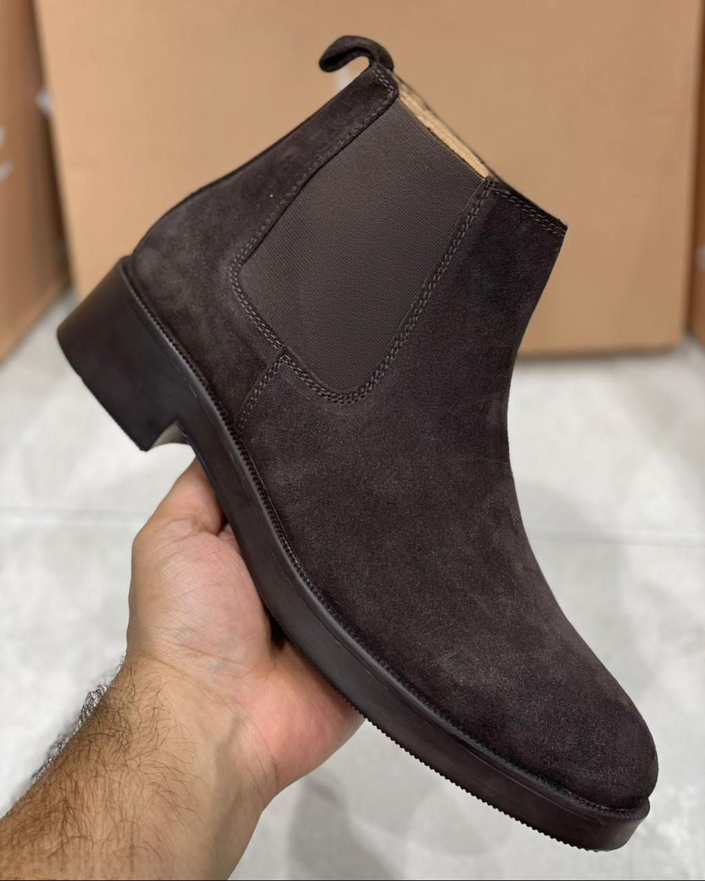 Close-up of Brown Suede Chelsea Boot with Pure Leather Sole