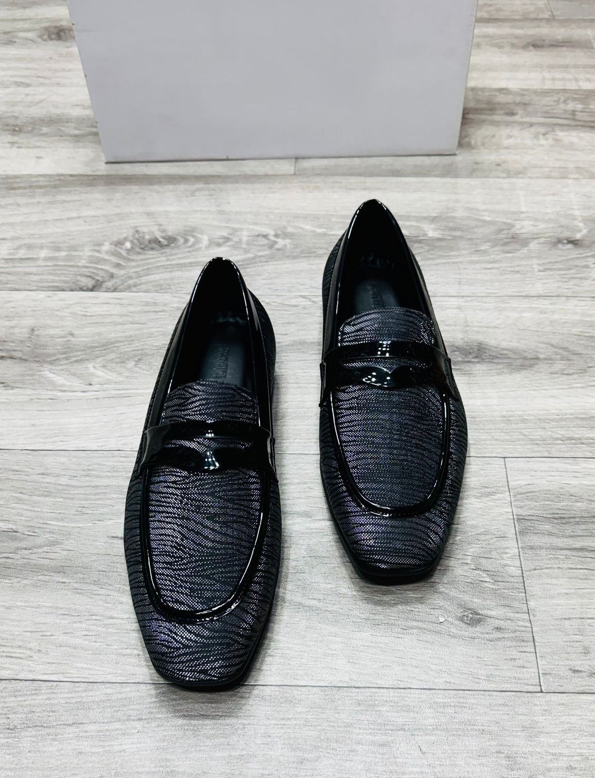 Close-up of FunkyTradition Men's Grey Loafer, showing suede faux leather texture and TPR sole detailing.