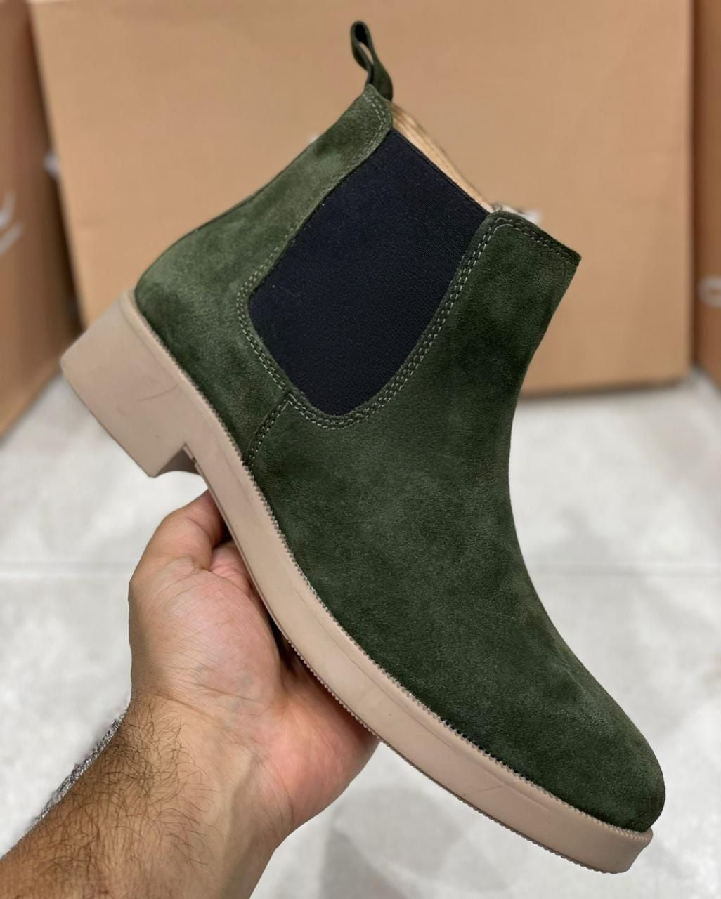 Close-up of Green Suede Chelsea Boot with Pure Leather Sole