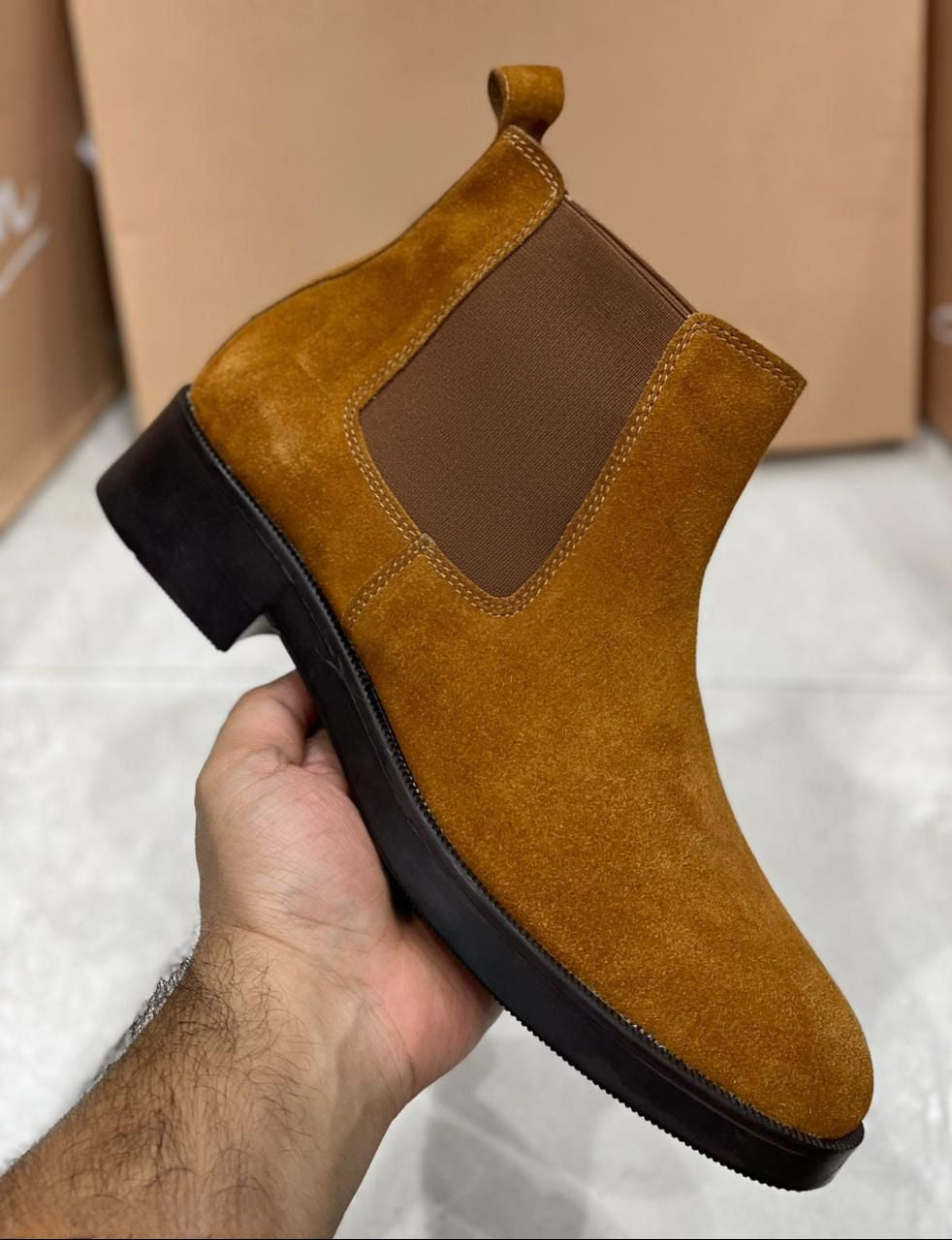 Close-up of Tan Brown Suede Chelsea Boot with Pure Leather Sole