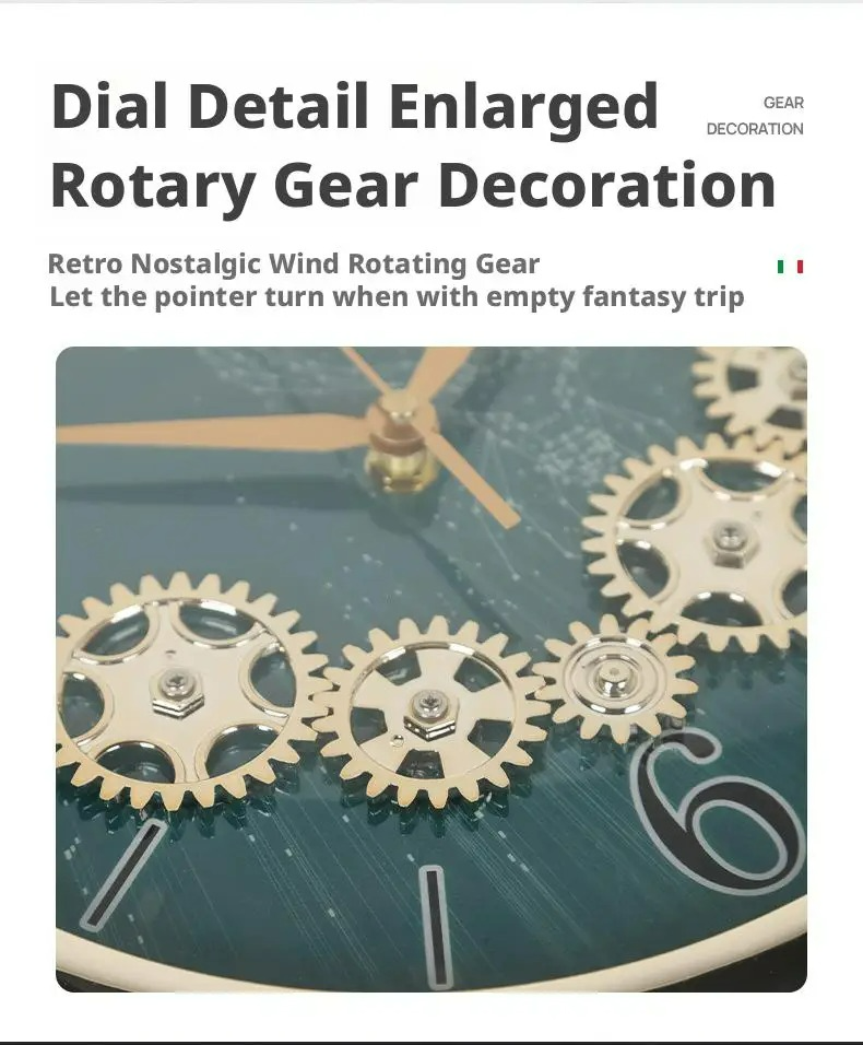 Close-up of a retro-style clock with gold gears and text about dial detail enlarged rotary gear decoration.