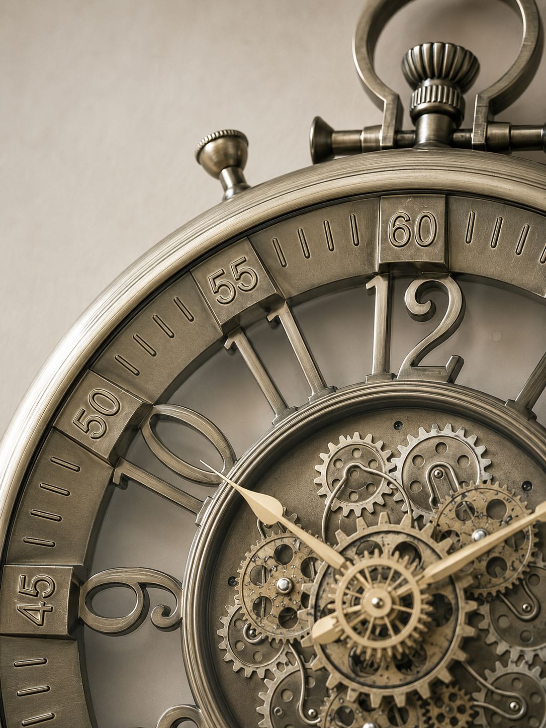 Close-up of an antique-style pocket watch with a detailed skeleton dial showing internal gears and cogs, set against a neutral beige background.