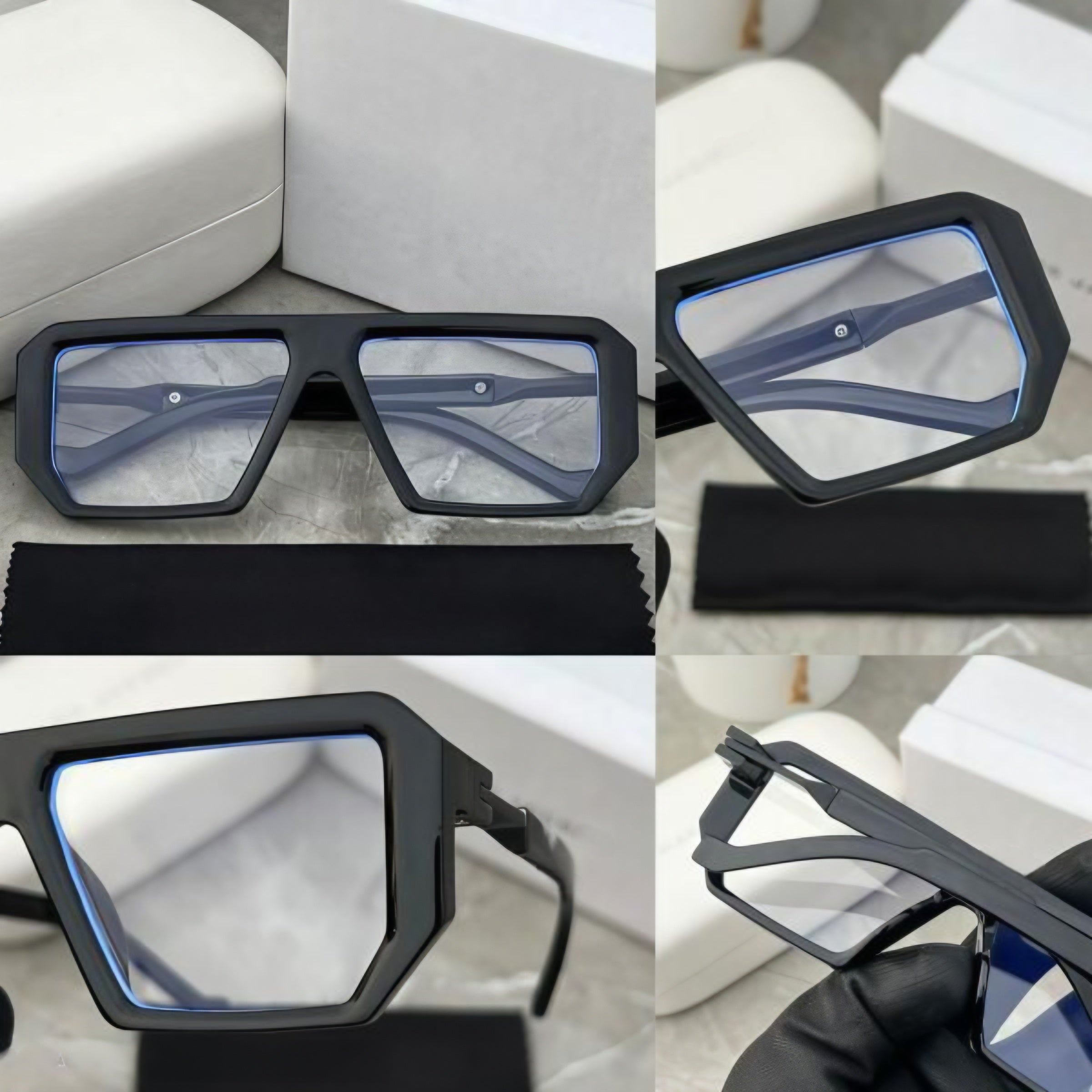 Close-up of black chunky square eyeglasses with blue light lenses and thick frame design.