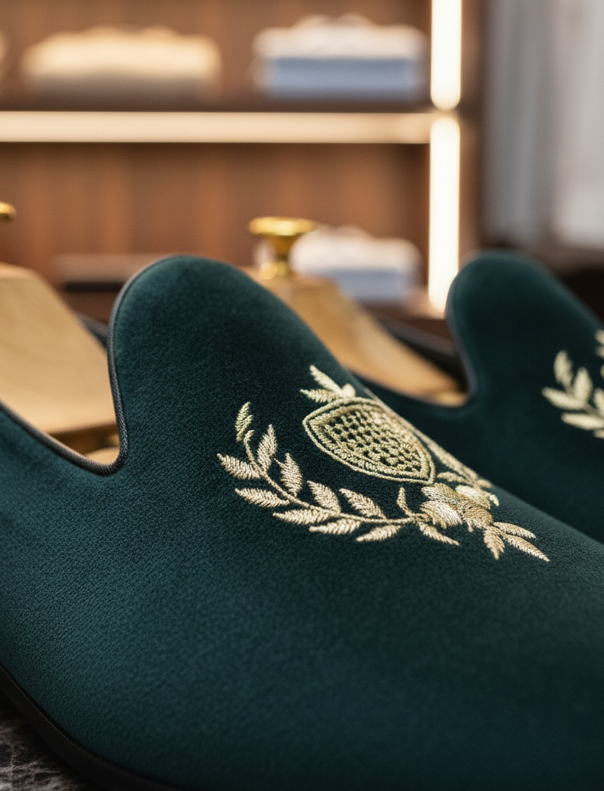 Close-up of golden crest embroidery on greenish-blue velvet loafer, highlighting the texture and design.