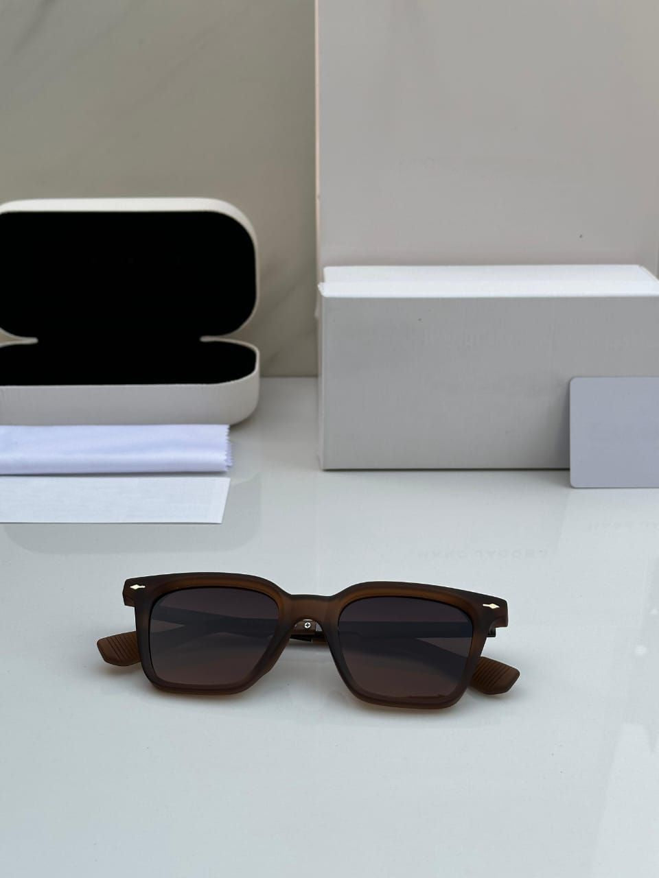 Close-up of premium brown acetate sunglasses frame