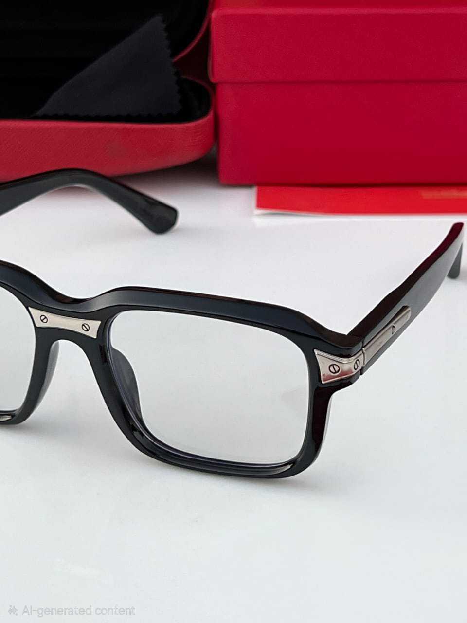 Close-up of the black eyeglasses frame showing the silver metal detail on the side temple.