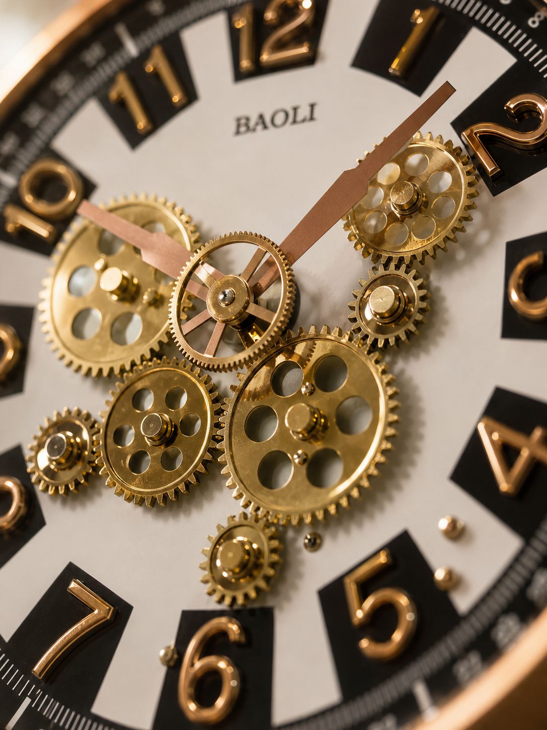 Close-up view of decorative moving gears and premium clock dial detailing