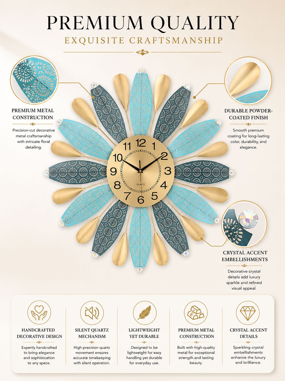Close-up view of laser-cut metal craftsmanship and crystal embellishments