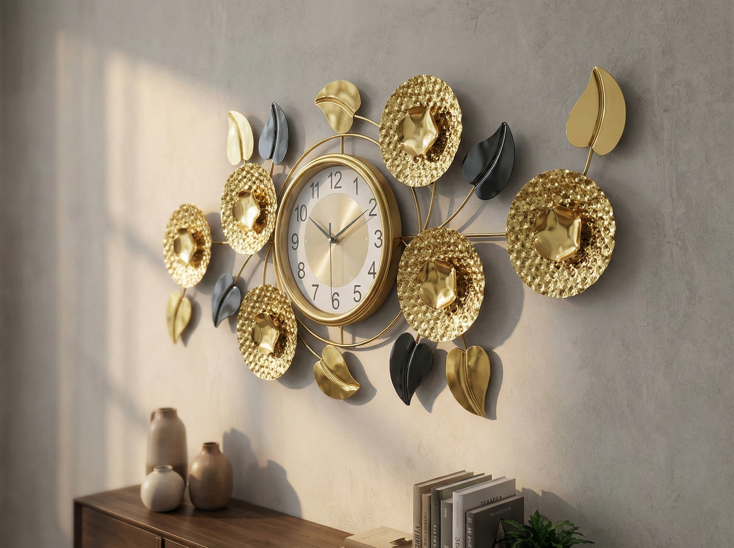 Close-up view of the FunkyTradition wall clock showing the textured gold flower discs, smooth black leaves, and the clock face.