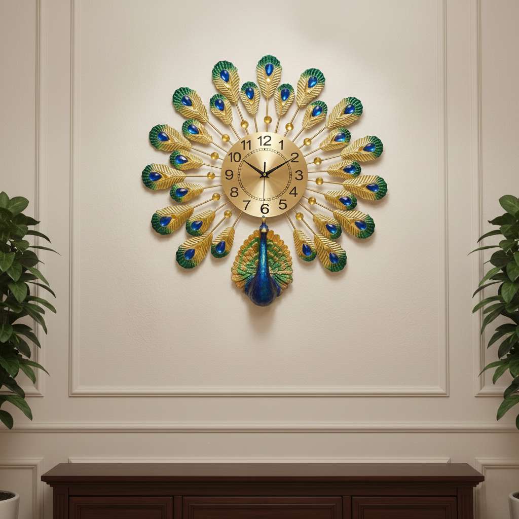Close-up view of the golden clock face and vibrant blue gem accents on the Peacock Wall Clock