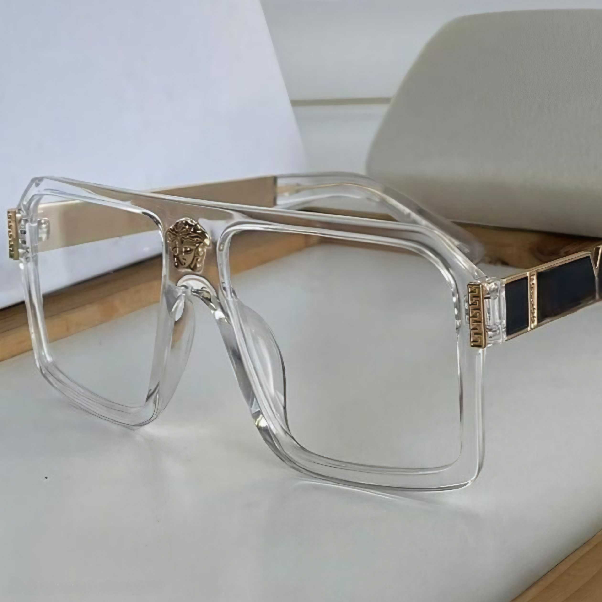 Luxe Clear Frame Oversized Square Eyeglasses - Gold Medusa & Greca Accent | Transparent Designer Inspired Fashion Eyewear