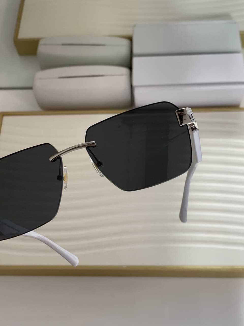 Elite Rimless Rectangular Sunglasses - Black Lens with White & Silver Luxury Accent Arms | Sleek Designer Inspired Eyewear