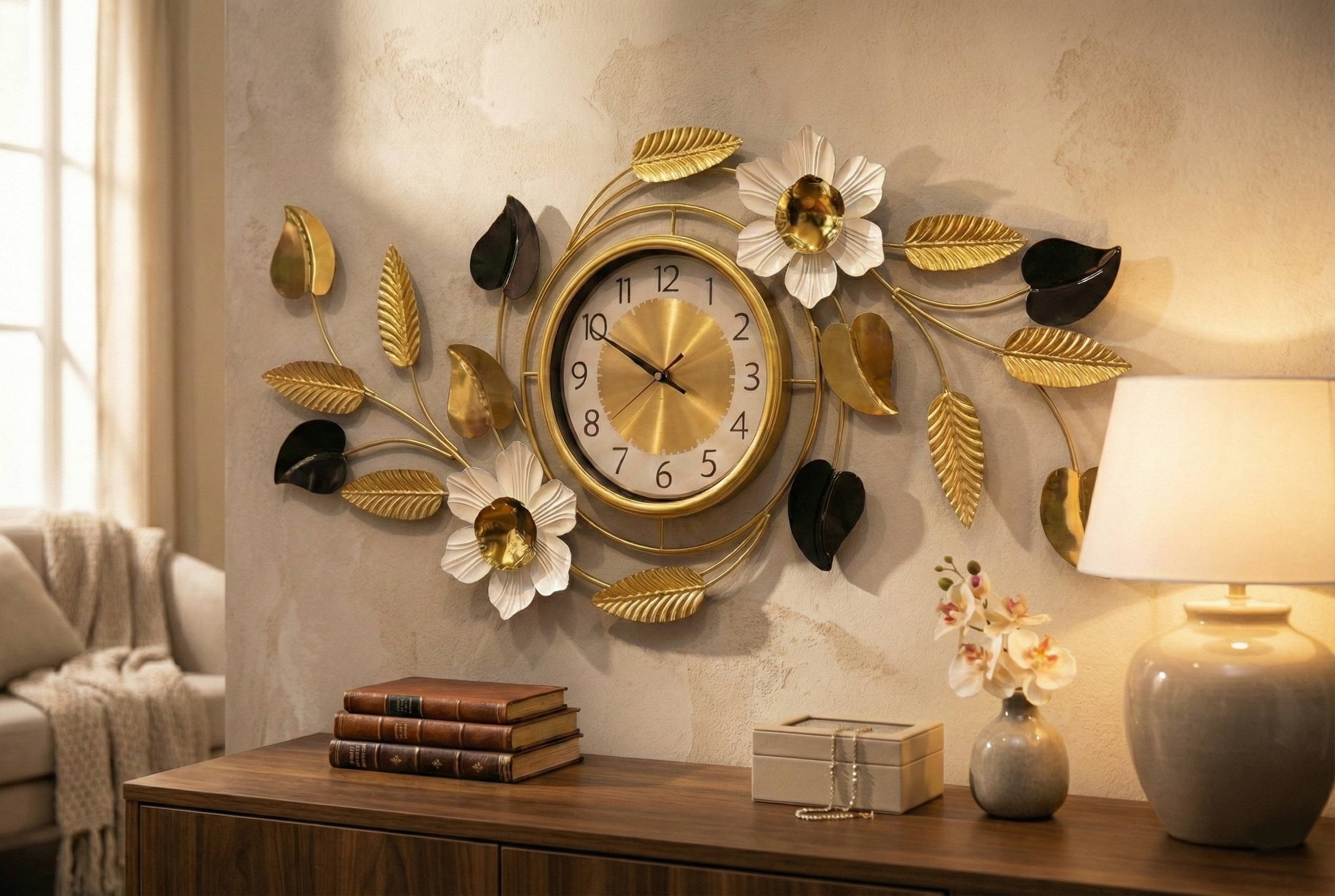 Close up detail of silent gold clock dial and metal leaf texture