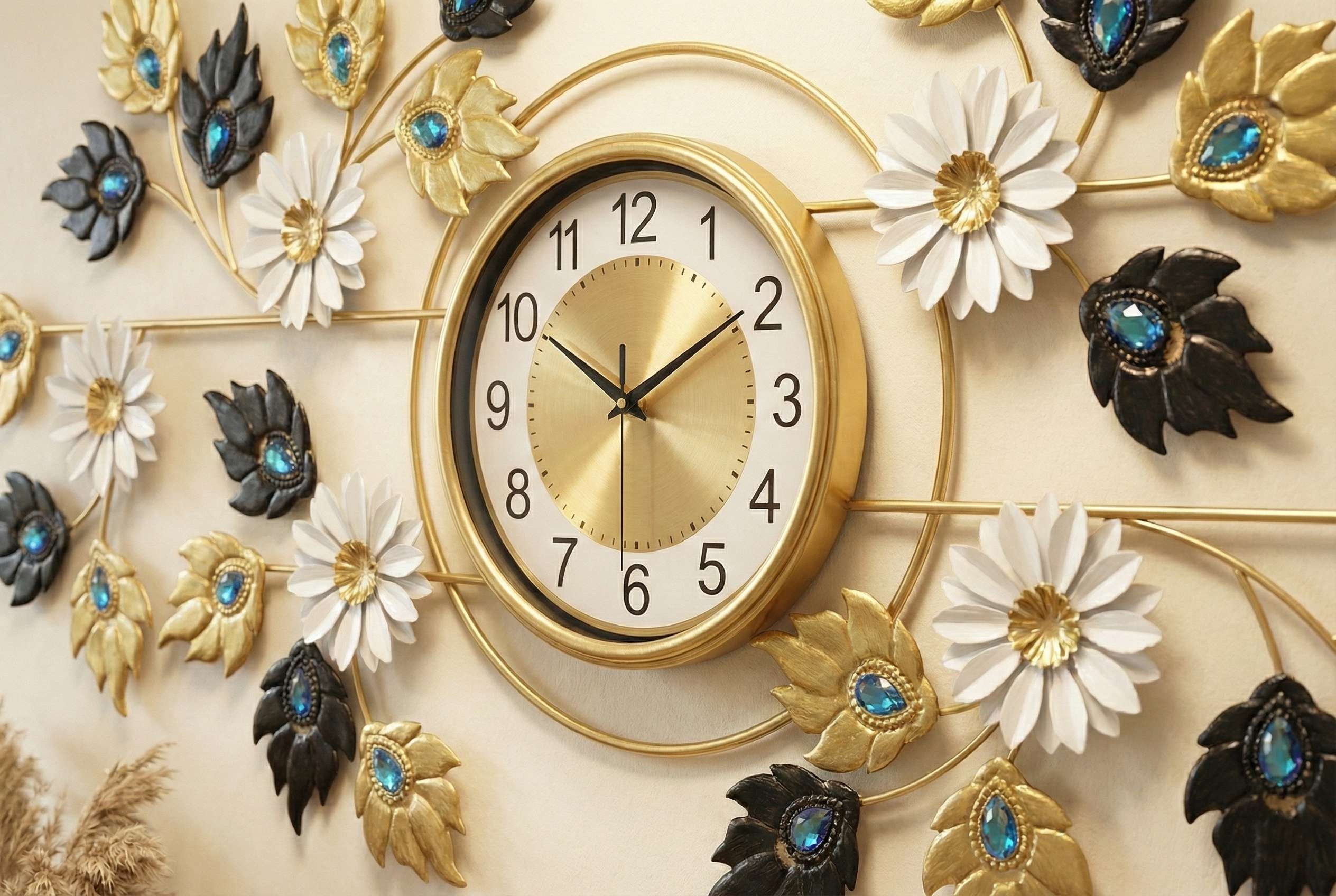 Close up of gold clock face and intricate metal leaf details with blue crystals