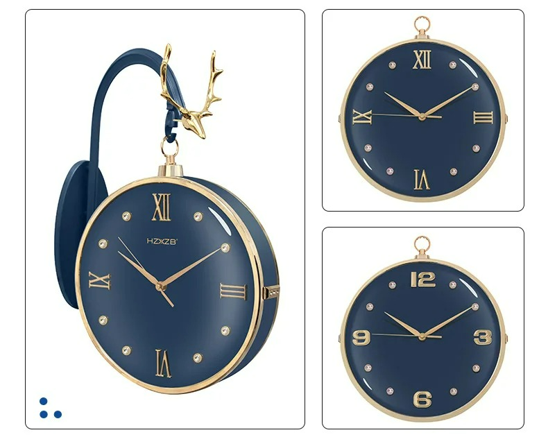 Collage of a blue clock with gold accents on a white background