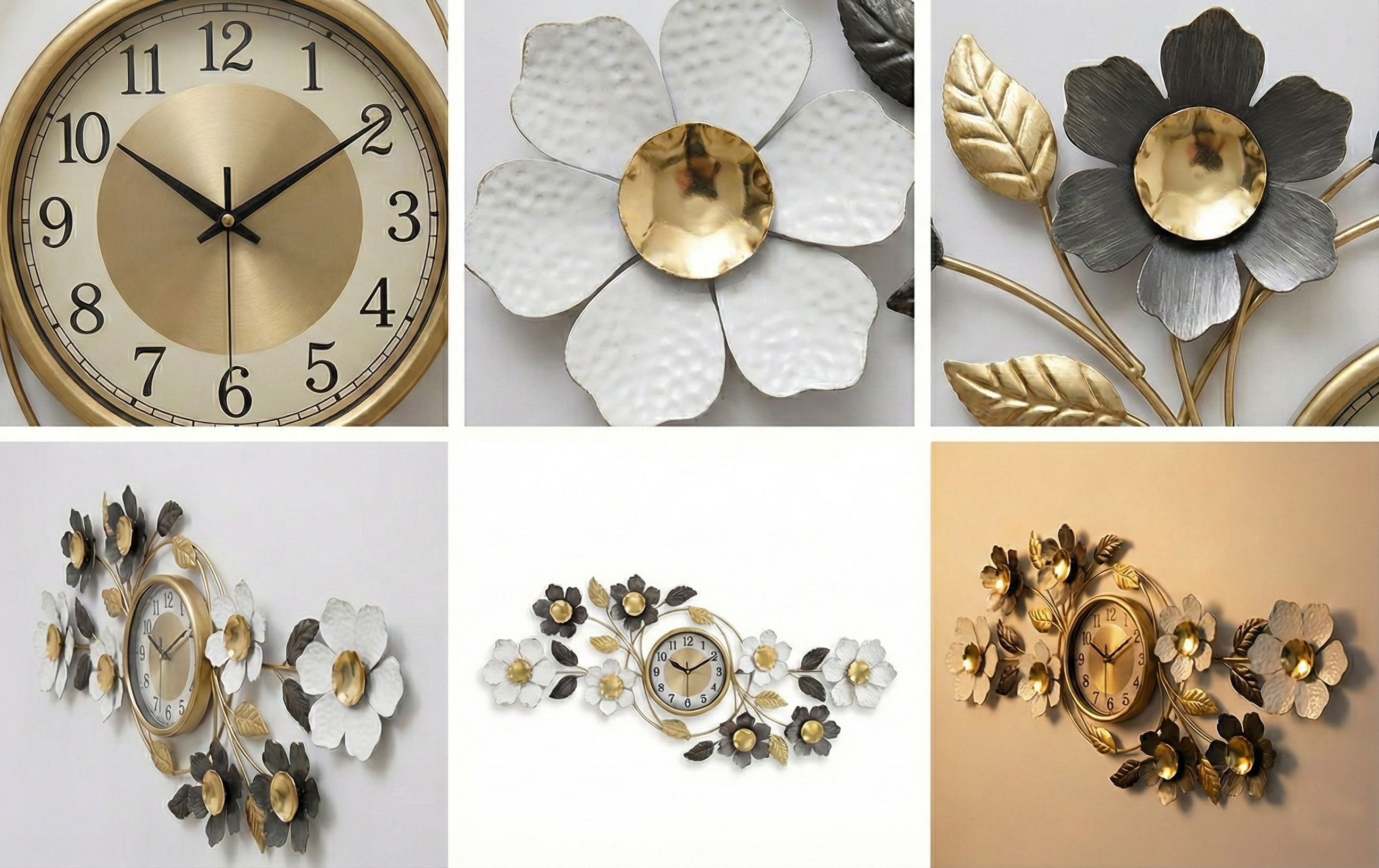 Collage of decorative wall clocks and floral clock designs.