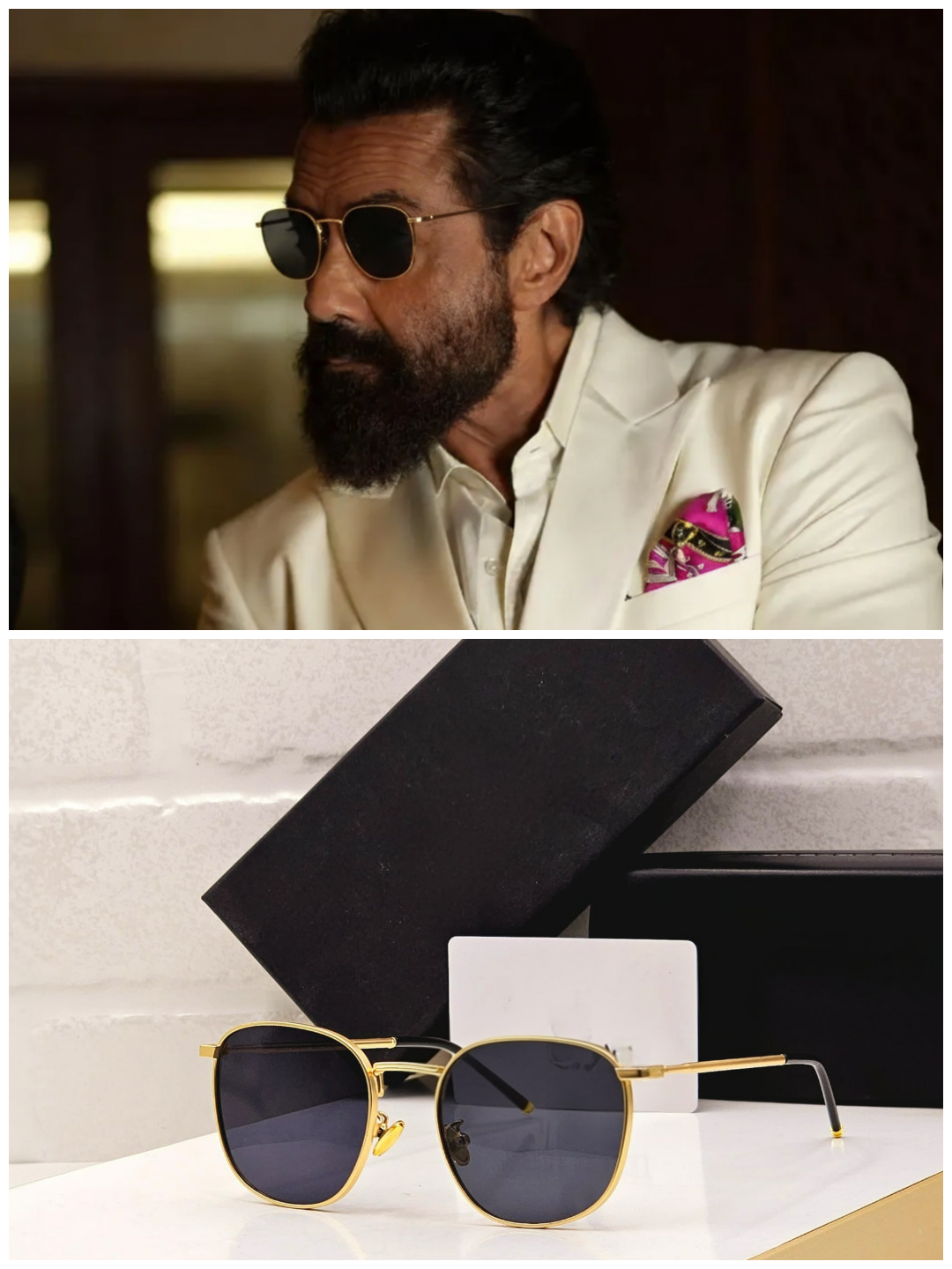 Collage showing the black bold round sunglasses next to Bollywood star Bobby Deol wearing a similar style